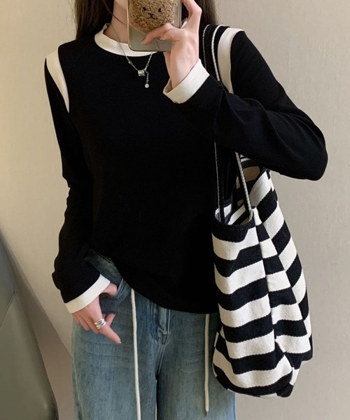 BANICO（バニコ）の「【Banico】カラーコンビネーション長袖トップス（Tシャツ/カットソー・レディース・ベージュ/ネイビー/イエロー/ホワイト/ブラック・FREE）」の15枚目の写真