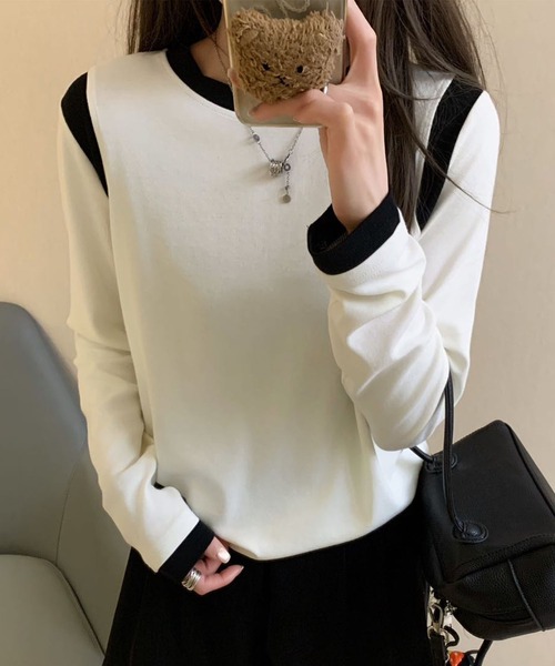 BANICO（バニコ）の「【Banico】カラーコンビネーション長袖トップス（Tシャツ/カットソー・レディース・ベージュ/ネイビー/イエロー/ホワイト/ブラック・FREE）」の8枚目の写真