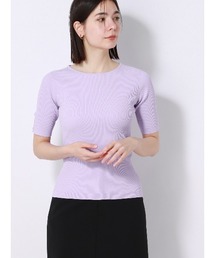 クルーネックリブニット 5分袖 ウォッシャブル ストレッチレーヨン 無地