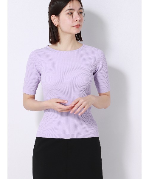 SUIT SQUARE（スーツスクエア）の「クルーネックリブニット 5分袖 ウォッシャブル ストレッチレーヨン 無地（ニット/セーター・レディース・パープル/ホワイト/アイボリー/ブラック・38(9号)）」の4枚目の写真