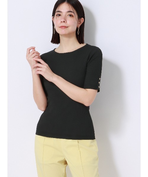 SUIT SQUARE（スーツスクエア）の「クルーネックリブニット 5分袖 ウォッシャブル ストレッチレーヨン 無地（ニット/セーター・レディース・パープル/ホワイト/アイボリー/ブラック・38(9号)）」の6枚目の写真