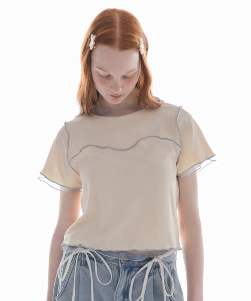idem（イデム）の「sheer layered tops／チュールドッキングメロートップス（Tシャツ/カットソー・レディース・チャコールグレー/ベージュ・FREE）」の2枚目の写真