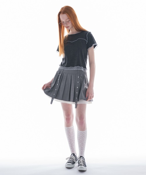 idem（イデム）の「sheer layered tops／チュールドッキングメロートップス（Tシャツ/カットソー・レディース・チャコールグレー/ベージュ・FREE）」の9枚目の写真