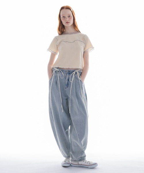 idem（イデム）の「sheer layered tops／チュールドッキングメロートップス（Tシャツ/カットソー・レディース・チャコールグレー/ベージュ・FREE）」の18枚目の写真