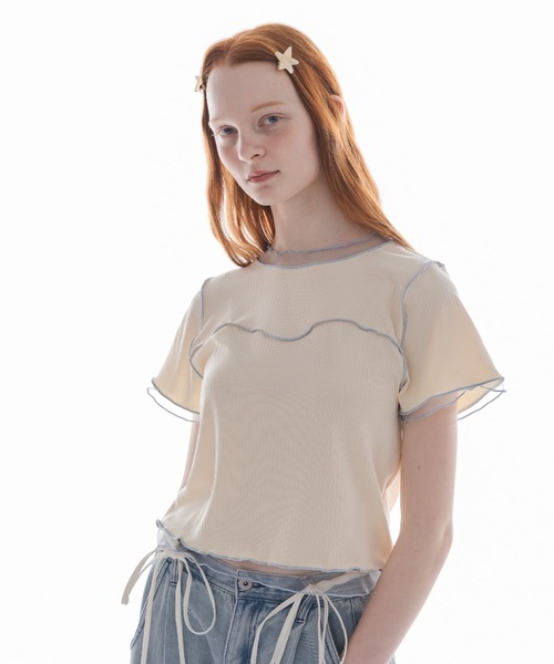 idem（イデム）の「sheer layered tops／チュールドッキングメロートップス（Tシャツ/カットソー・レディース・チャコールグレー/ベージュ・FREE）」の6枚目の写真