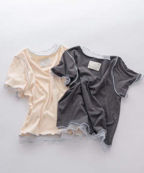 idem（イデム）の「sheer layered tops／チュールドッキングメロートップス（Tシャツ/カットソー・レディース・チャコールグレー/ベージュ・FREE）」の3枚目の写真