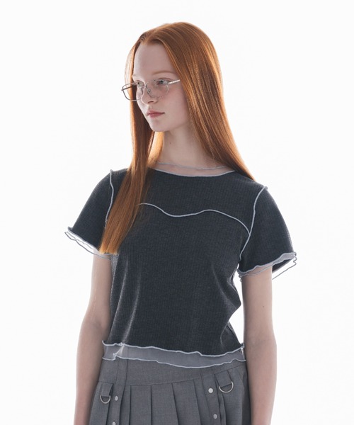 idem（イデム）の「sheer layered tops／チュールドッキングメロートップス（Tシャツ/カットソー・レディース・チャコールグレー/ベージュ・FREE）」の4枚目の写真