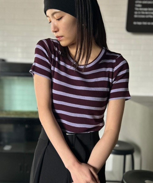 Kotoe（コトエ）の「リブ ボーダートップス コンパクトシルエット ミニT（Tシャツ/カットソー・レディース・ブラック/ホワイト/ピンク/パープル・FREE）」の20枚目の写真