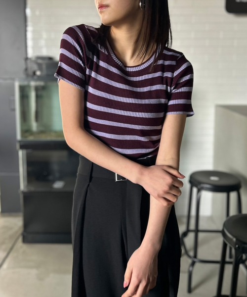 Kotoe（コトエ）の「リブ ボーダートップス コンパクトシルエット ミニT（Tシャツ/カットソー・レディース・ブラック/ホワイト/ピンク/パープル・FREE）」の18枚目の写真
