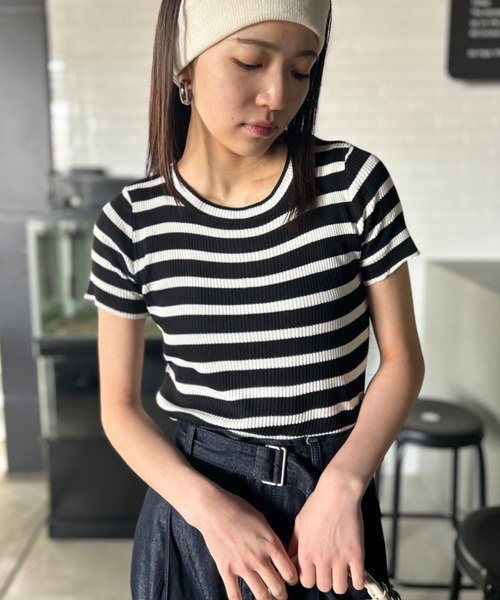 Kotoe（コトエ）の「リブ ボーダートップス コンパクトシルエット ミニT（Tシャツ/カットソー・レディース・ブラック/ホワイト/ピンク/パープル・FREE）」の11枚目の写真
