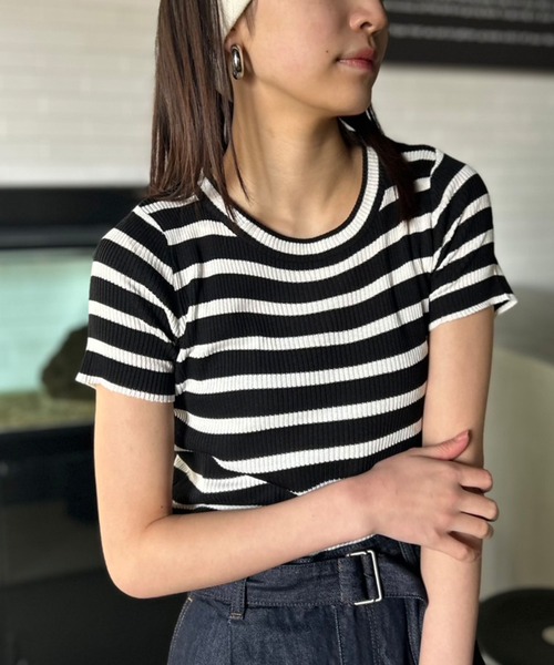 Kotoe（コトエ）の「リブ ボーダートップス コンパクトシルエット ミニT（Tシャツ/カットソー・レディース・ブラック/ホワイト/ピンク/パープル・FREE）」の12枚目の写真