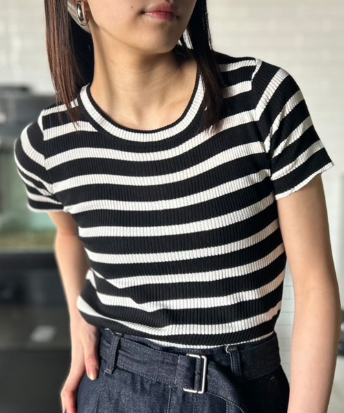Kotoe（コトエ）の「リブ ボーダートップス コンパクトシルエット ミニT（Tシャツ/カットソー・レディース・ブラック/ホワイト/ピンク/パープル・FREE）」の13枚目の写真