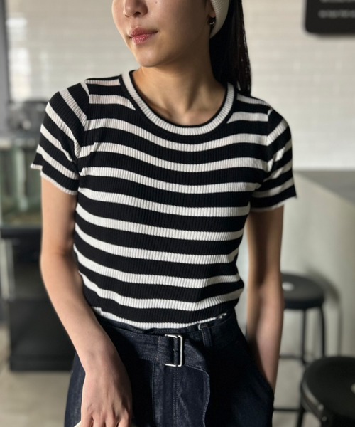 Kotoe（コトエ）の「リブ ボーダートップス コンパクトシルエット ミニT（Tシャツ/カットソー・レディース・ブラック/ホワイト/ピンク/パープル・FREE）」の14枚目の写真