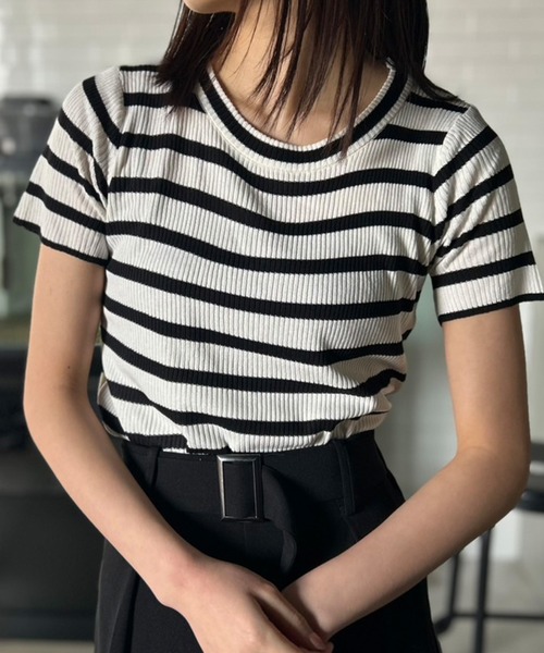 Kotoe（コトエ）の「リブ ボーダートップス コンパクトシルエット ミニT（Tシャツ/カットソー・レディース・ブラック/ホワイト/ピンク/パープル・FREE）」の6枚目の写真