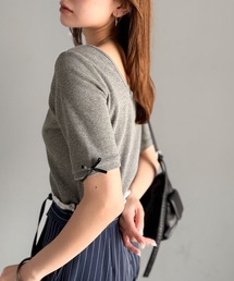 《AYA×クラシカルエルフコラボ》大人可愛いを叶える。前後2way袖リボンバックオープンリブトップス(半袖)