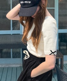 《AYA×クラシカルエルフコラボ》大人可愛いを叶える。前後2way袖リボンバックオープンリブトップス(半袖)