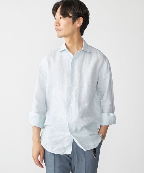 SHIPS(シップス)の「SHIPS: ウォッシュド リネン ストライプ シャツ(シャツ/ブラウス・メンズ・トップグレー/ライトグリーン・SMALL/MEDIUM/LARGE/X-LARGE)」の2枚目の写真