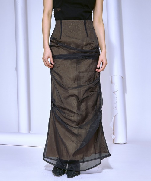 Ezick(エジック)の「Organdy tuck layered シアーナロースカート(スカート・レディース・ブラック/ダークブラウン・FREE)」の2枚目の写真