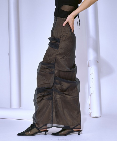 Ezick(エジック)の「Organdy tuck layered シアーナロースカート(スカート・レディース・ブラック/ダークブラウン・FREE)」の12枚目の写真