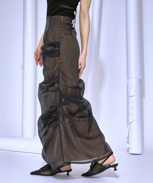 Ezick(エジック)の「Organdy tuck layered シアーナロースカート(スカート・レディース・ブラック/ダークブラウン・FREE)」の13枚目の写真