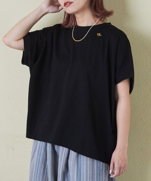 CUBE SUGAR(キューブシュガー)の「21/-シルケット風天竺接触冷感切替ドルマンTシャツ(Tシャツ/カットソー・レディース・サックスブルー/ホワイト/ブラック/オートミール・M)」の3枚目の写真
