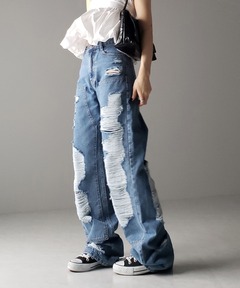 ダメージ クラッシュ デニム ハイウエスト 韓国 メンズ nr9186 XU ジーンズ 「XU」damage denim pants メンズ レディース