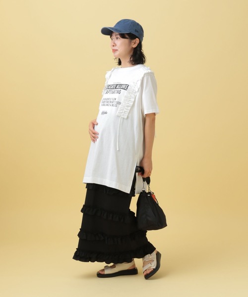 LEPSIM（レプシィム）の「【産前・産後対応】マタニティ／リメイクフリルチュニックワンピース　497058（マタニティウェア/グッズ・レディース・チャコールグレー/オフホワイト/ブルー・FREE）」の6枚目の写真