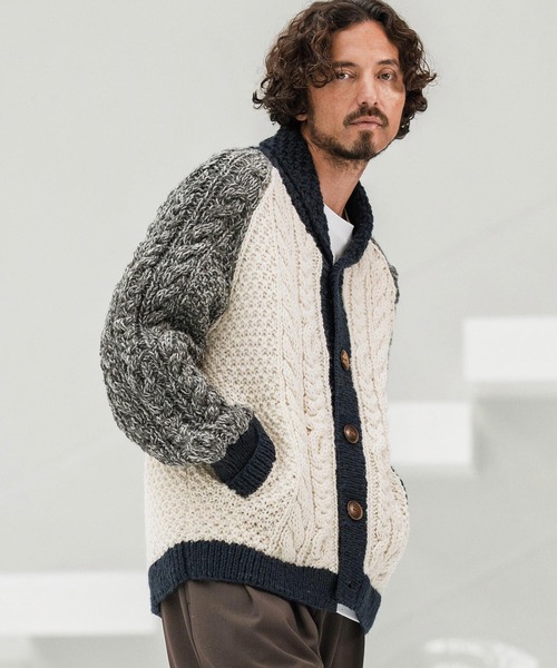 CAMBIO(カンビオ)の「mcg3669-【HIMALAYAN CLIMBERS HAND-KNIT別注】手編み色切り替えショールカーディガン(カーディガン/ボレロ・メンズ・ブラック/チャコール/ネイビー/ホワイト・M/L/XL)」の5枚目の写真