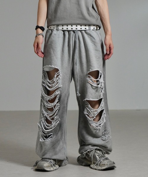 Chikashitsu +】oiled wash damage sweat pants / 【チカシツプラス