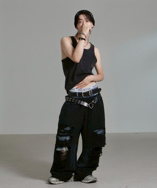 Chikashitsu +】oiled wash damage sweat pants / 【チカシツプラス