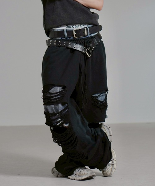 Chikashitsu +】oiled wash damage sweat pants / 【チカシツプラス