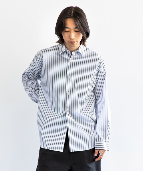City Ambient Products（シティアンビエントプロダクツ）の「City Ambient Products: レギュラーカラー ブロード ストライプ シャツ（シャツ/ブラウス・メンズ・ブルー/ホワイト・SMALL/MEDIUM/LARGE）」の3枚目の写真