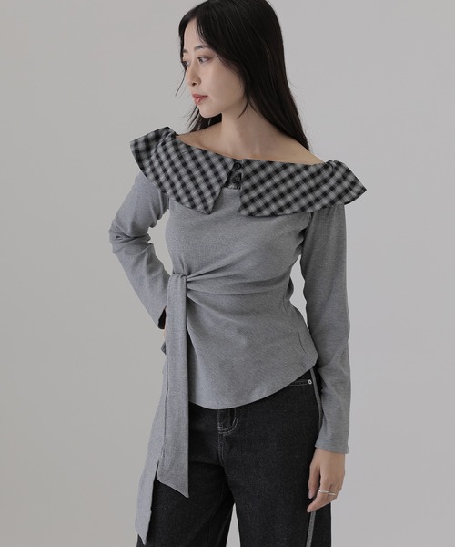 SUWDEE(スーディー)の「check big collar twist tops(Tシャツ/カットソー・レディース・ブラック/グレー/ブラウン・S)」の1枚目の写真