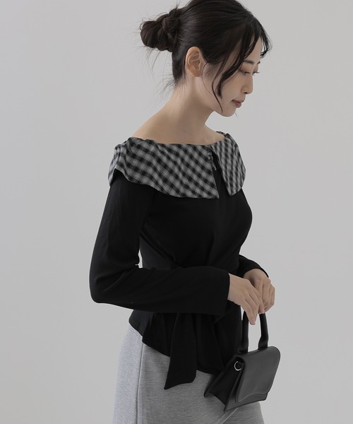 SUWDEE(スーディー)の「check big collar twist tops(Tシャツ/カットソー・レディース・ブラック/グレー/ブラウン・S)」の5枚目の写真