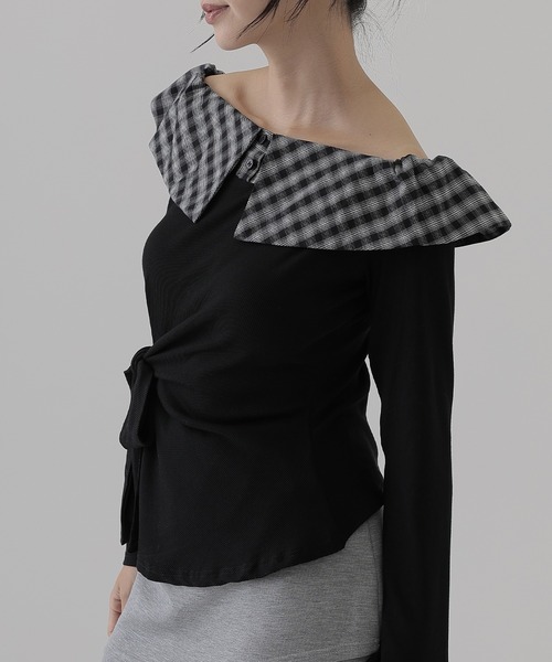 SUWDEE(スーディー)の「check big collar twist tops(Tシャツ/カットソー・レディース・ブラック/グレー/ブラウン・S)」の6枚目の写真