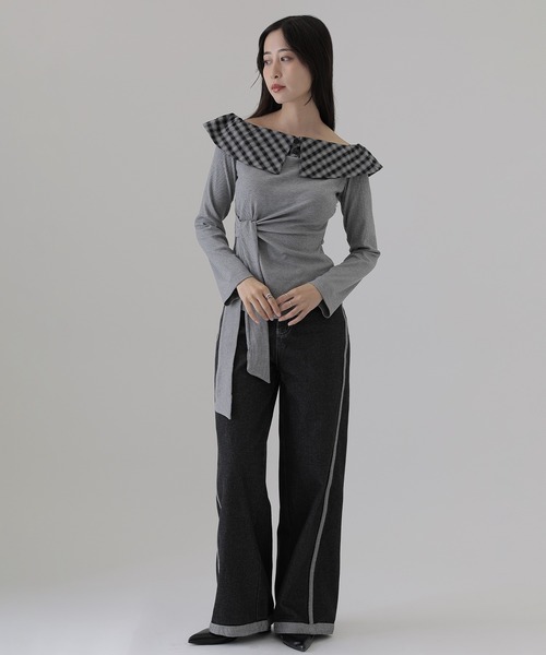 SUWDEE(スーディー)の「check big collar twist tops(Tシャツ/カットソー・レディース・ブラック/グレー/ブラウン・S)」の8枚目の写真