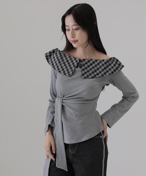 SUWDEE(スーディー)の「check big collar twist tops(Tシャツ/カットソー・レディース・ブラック/グレー/ブラウン・S)」の11枚目の写真