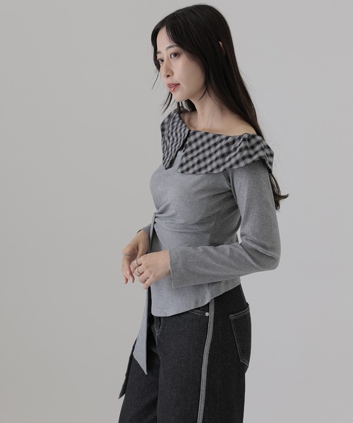 SUWDEE(スーディー)の「check big collar twist tops(Tシャツ/カットソー・レディース・ブラック/グレー/ブラウン・S)」の12枚目の写真