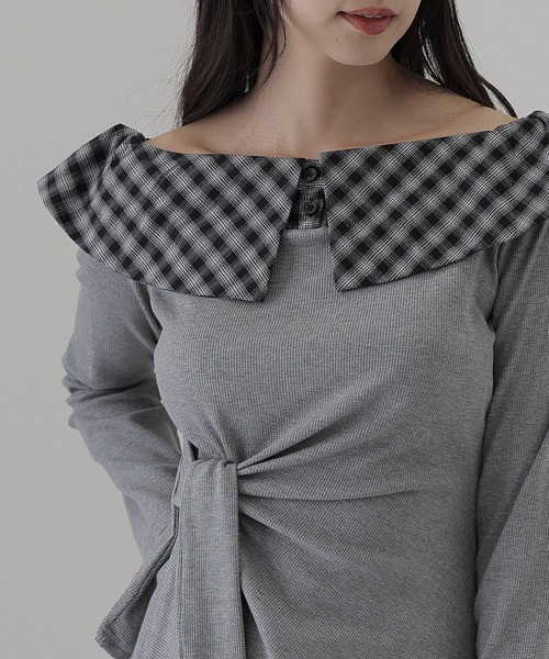 SUWDEE(スーディー)の「check big collar twist tops(Tシャツ/カットソー・レディース・ブラック/グレー/ブラウン・S)」の13枚目の写真
