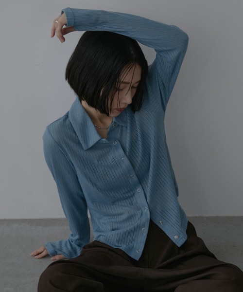 Aunt Marie's(アントマリーズ)の「スナップボタンシアーリブポロトップス(シャツ/ブラウス・レディース・ブルー/ブラック/ブラウン/ピンク/アイボリー・FREE)」の8枚目の写真