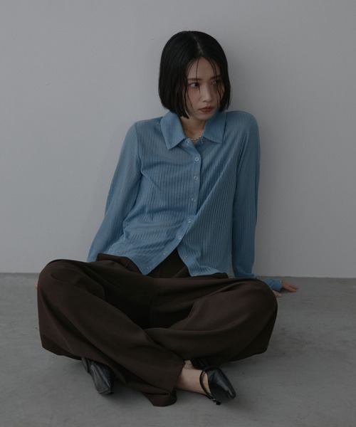 Aunt Marie's(アントマリーズ)の「スナップボタンシアーリブポロトップス(シャツ/ブラウス・レディース・ブルー/ブラック/ブラウン/ピンク/アイボリー・FREE)」の9枚目の写真