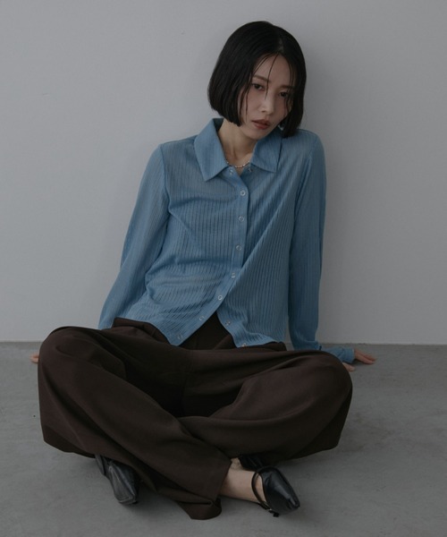 Aunt Marie's(アントマリーズ)の「スナップボタンシアーリブポロトップス(シャツ/ブラウス・レディース・ブルー/ブラック/ブラウン/ピンク/アイボリー・FREE)」の7枚目の写真