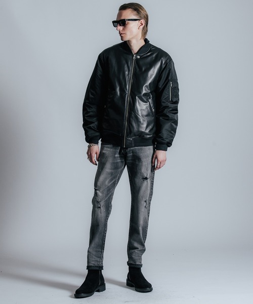 CRIMIE（クライミー）の「NYLON SLEEVE LEATHER MA1 JACKET（ミリタリージャケット・メンズ・ブラック/ブラック×カーキ・S/M/L/XL/XXL）」の6枚目の写真