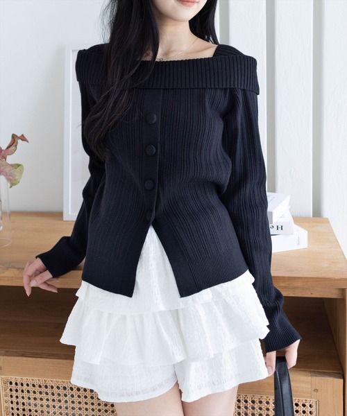 セール】オフショル風ボタンリブニットトップス［大人 カジュアル 着