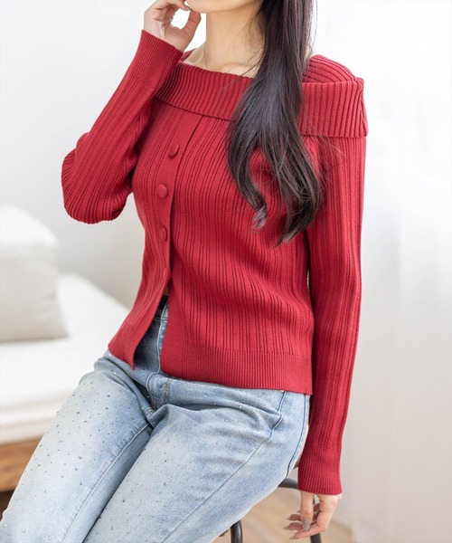 セール】オフショル風ボタンリブニットトップス［大人 カジュアル 着