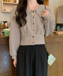 美品⁂センソユニコ⁂薄手ジャケット　ショート丈　千鳥格子　チェック　ビッグカラー レトロな主役級アイテム。千鳥格子柄ショートジャケット ショート丈コ