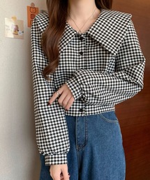 千鳥格子 ビッグカラーショート丈ブラウス