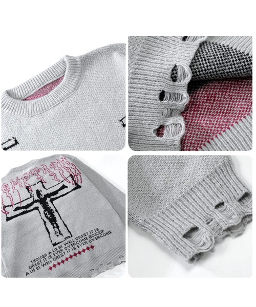 JOHNNY WOLF(ジョニーウルフ)の「HAUHET オーバーサイズ ダメージ ダブルジャガード クロス ニット(ニット/セーター・メンズ・ブラック/ライトグレー・L/M)」の6枚目の写真