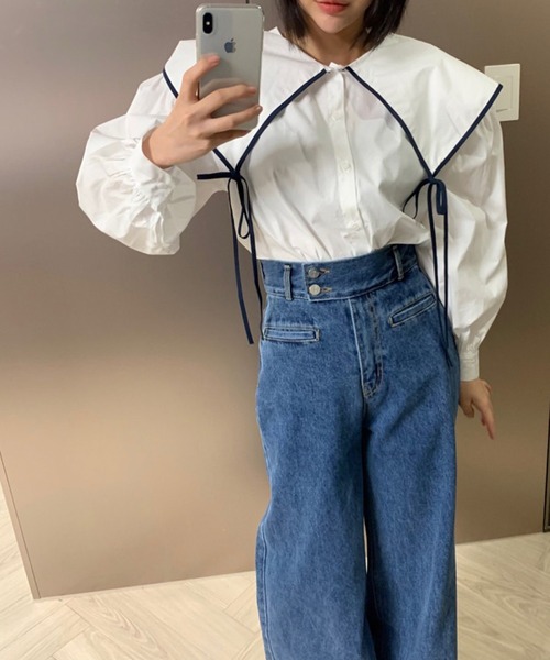 LAFFMO（ラフモ）の「ハイウエストワイドフレアデニムパンツ（デニムパンツ・レディース・ブラック/ブルー・S/M/L）」の12枚目の写真