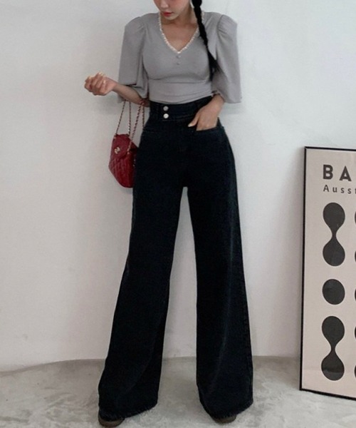 LAFFMO（ラフモ）の「ハイウエストワイドフレアデニムパンツ（デニムパンツ・レディース・ブラック/ブルー・S/M/L）」の3枚目の写真